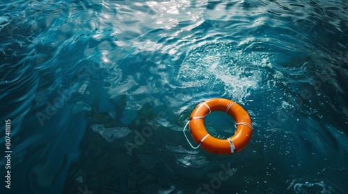 An orange life preserver buoy floats on the surface of a body of water.