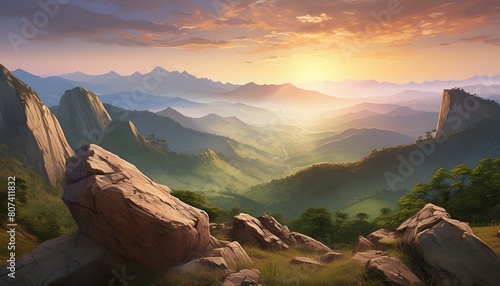 mountain rock with valley and sunrise background
