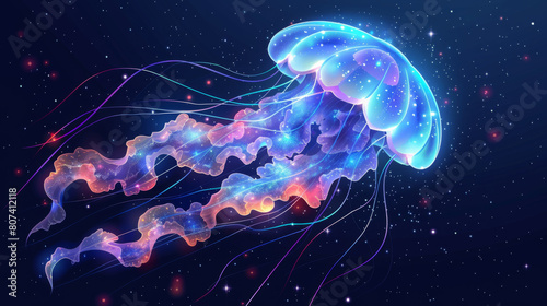 Digital illustration of bioluminescent jellyfish floating in a cosmic space with vibrant, neon colors.