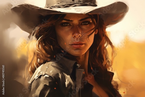 Intense gaze of a rugged woman in a cowboy hat