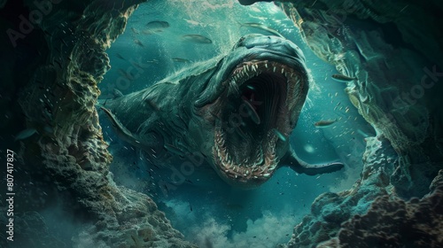giant sea monster with open mouth under the sea in high resolution