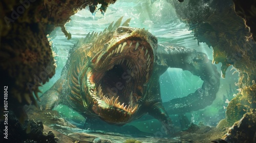 giant sea monster with open mouth under the sea in high resolution and quality