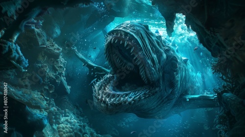 giant leviathan sea monster with open mouth under the sea in high resolution and quality