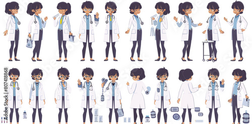 A large set of vector graphics, illustrations and characters with different poses in white coats on an isolated background