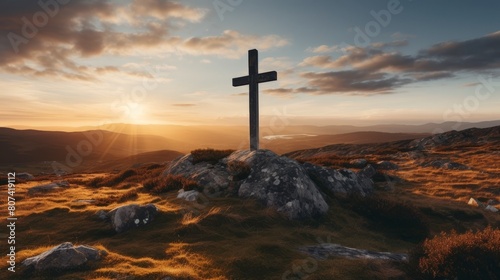 Dramatic sunset over a cross on a rocky hill