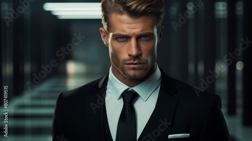 Serious businessman in suit and tie looking intently