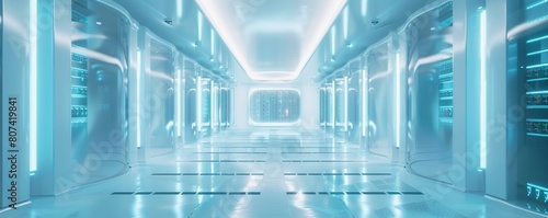 3D render of a modern white server room with rows of metallic and glass powerhouses full in the style of blue lights illuminated computer equipment