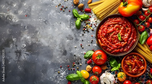 background with tomato sauce and pasta, basil and fresh tomatoes, Italian cuisine