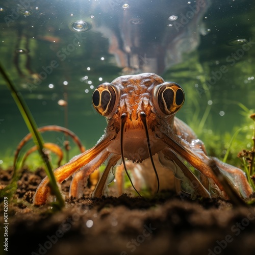 close-up of a frog with large eyes in a pond