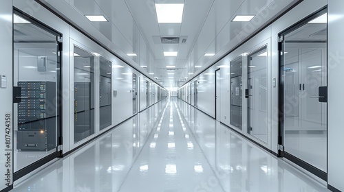 3D rendering of a modern server room with white walls and glass fronted cabinets containing high-performance computer workframes, white floor, white ceiling, bright lighting.