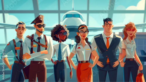 Cartoon character with airport crew action half body banner, professional airline team in uniform, flat icon design vector illustration