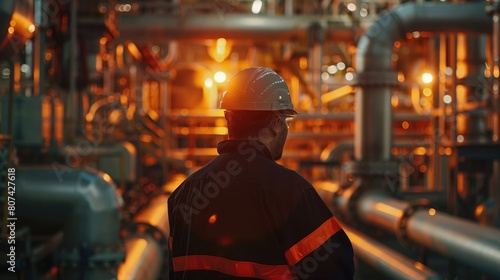 rear view of Engineer in hard-hat talking in mobile-phone, working inside oil refinery, surrounded by pumps and pipelines