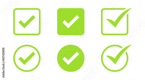 check mark icon button set. check box icon with right or correct buttons and yes checkmark icons in green tick box - checkbox symbol sign. check mark box square frame. vector illustration
