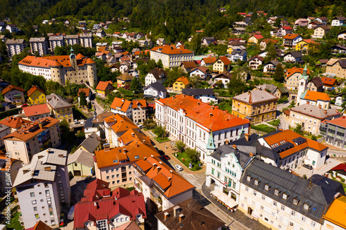 Picturesque summer landscape with ancient Gewerkenegg Castle in Slovenian township of Idrija, Gorizia