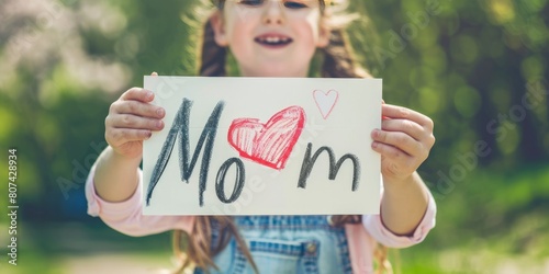 Sweet Gesture: Little Girl Giving "Mom" Card with Heart Drawing to Her Mom