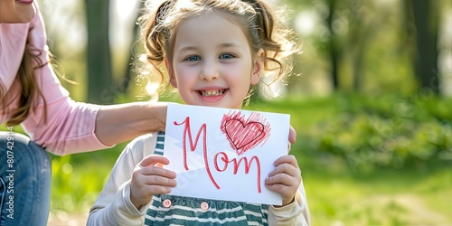 Sweet Gesture: Little Girl Giving "Mom" Card with Heart Drawing to Her Mom