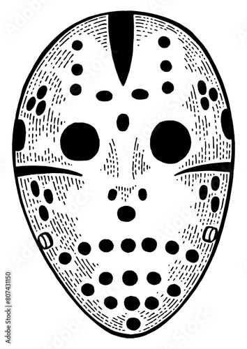 Goaltender hockey goalie nightmare mask sketch engraving PNG illustration. T-shirt apparel print design. Scratch board style imitation. Black and white hand drawn image.