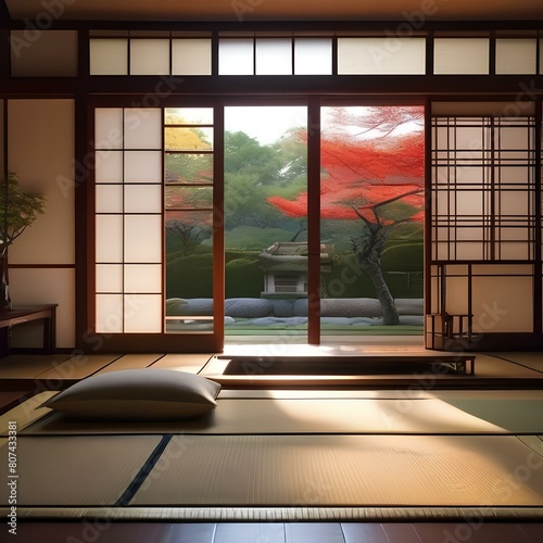 A traditional Japanese tea house with sliding doors, tatami mats, and a serene garden3