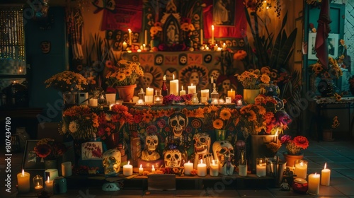 traditional Mexican altar used to honor the dead during the Day of the Dead festival. It is typically decorated with candles, flowers, food, and other offerings.