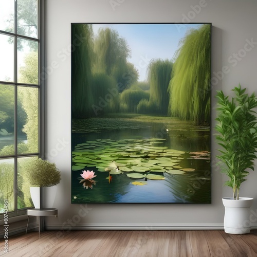 A tranquil pond with water lilies, frogs, and a weeping willow tree2