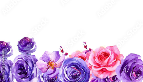 Floral corner border. Violet, lilac, purple watercolor flowers. Roses, peonies, eucalyptus leaves for elegant wedding invitation, greeting cards, fashion design. Hand painted illustration