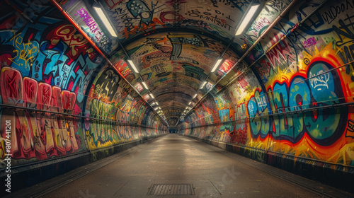 urban art installation, subterranean passage transformed into a vibrant graffiti hub, adorned with elaborate patterns and vivid hues spanning endlessly