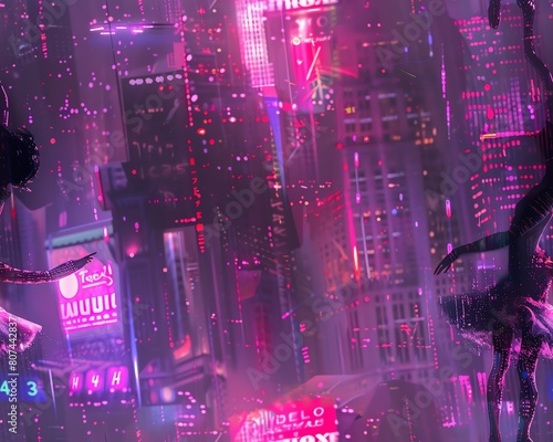 Create a captivating image featuring a robotic ballerina gracefully dancing amidst towering skyscrapers and holographic billboards in a futuristic cityscape Incorporate sleek