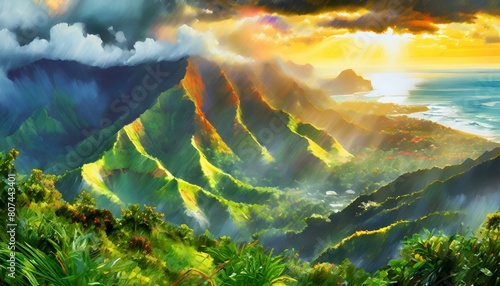 Sunrise on Tropical Mountains in Kauai, Hawaii