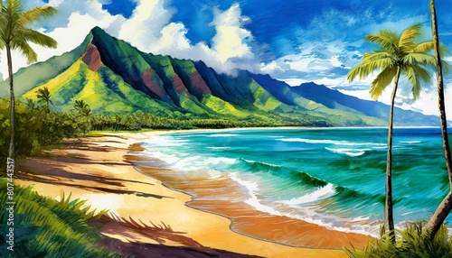Hawaii Kauai sandy beaches with mountains int he background on a beautiful summer afternoon. 