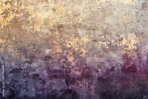 A wall with a purple and gold paint splatter. The wall has a lot of texture and the paint appears to be chipping off