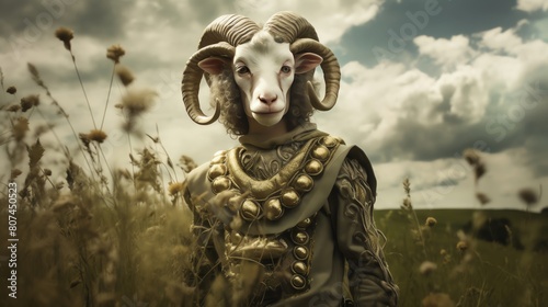 The image shows a man with a ram's head
