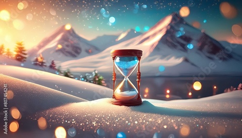hourglass on ice, snow, copy space