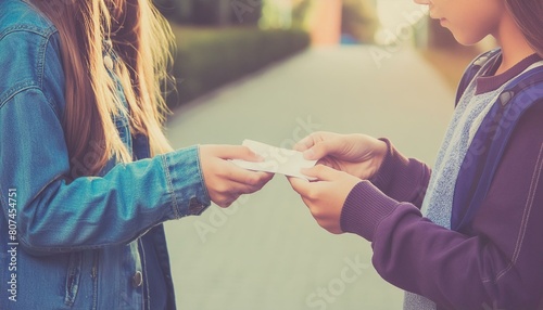 Nostalgic throwback image of teens passing a paper note in the 90's era before technology, 