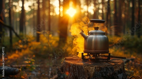 Close-up of a kettle boiling on a gas stove in the heart of a forest, set on a cypress stump, under the glow of a vivid yellow sky