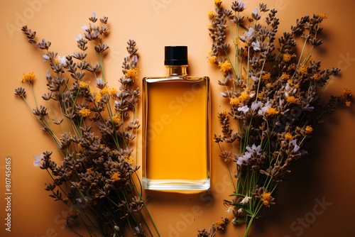 a bottle of perfume next to some flowers on a table with a yellow background