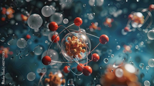 A scientific illustration of a molecule model with spheres and connecting rods in a watery environment, emphasizing microscopic life.