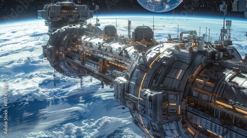 Close perspective of a futuristic orbital facility, detailing its complex structure with Earth visible in the distance