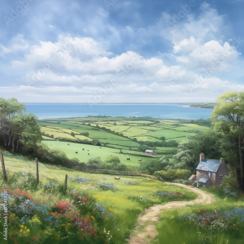 flat panorama of spring summer beautiful nature, green grasslands meadow with flowers, small house, blue sky and white clouds