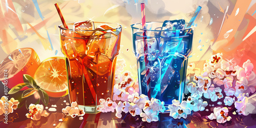 a digital art illustration of two glasses filled with ice and soda, generative AI