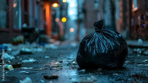 Gritty close-up of a tightly sealed dark waste bag, set against the backdrop of a dimly lit side street, focusing on urban decay