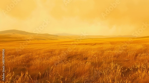 Golden barley field captured up close with a vast yellow sky overhead, highlighting the natural colors of the landscape