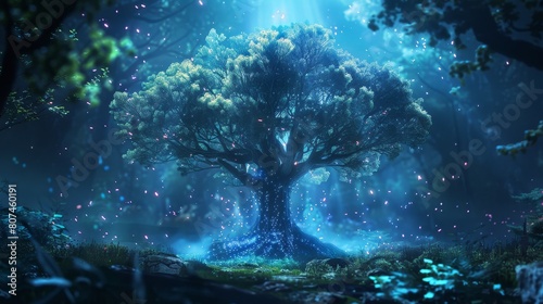 Enchanted forest scene featuring a majestic tree with a futuristic design, focusing on intricate details and a mystical aura