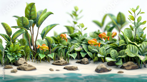 3D Flat Icon: Mudskippers Feeding on Mangrove Leaves - Demonstrating Unique Adaptations in the Isometric Mangrove Ecosystem