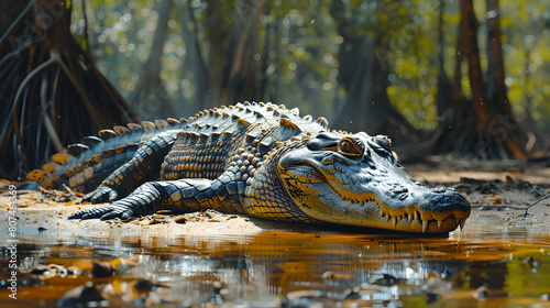 Crocodile Resting on Mangrove Mudbank Illustrating the Role of Mangrove Forests in Sustaining Apex Predators