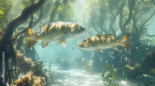 Vibrant Photo Realistic Image of Fish Swimming in Intricate Mangrove Channels, Showcasing Nursery Function for Young Marine Life - Stock Photo Concept