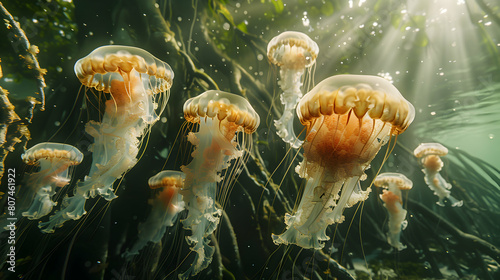 Mesmerizing Photo Realistic View of Jellyfish Drifting Near the Protective Mangrove Roots in Underwater Ecosystem - Wildlife Photography Concept
