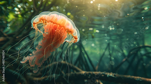Magical Photo Realistic Scene of Jellyfish Gracefully Floating Near Protective Mangrove Roots in Coastal Ecosystem Environment