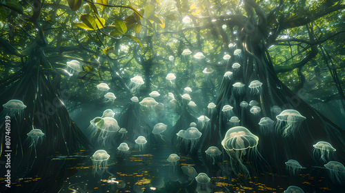 Beautiful Photo Realistic Illustration of Jellyfish Floating Near Mangrove Roots: A Representation of the Ecosystem's Protective Benefits