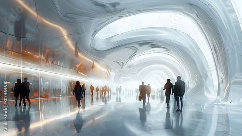 Futuristic and stylish building bustling with activity, with people walking in blurred motion.