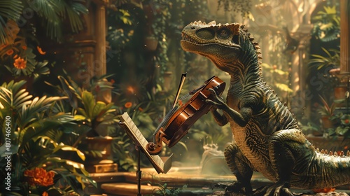 Animated Velociraptor conducting a Baroque symphony in a jungle setting, whimsical fusion of epochs and styles